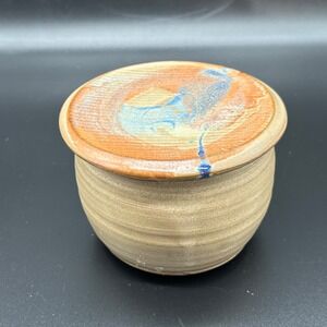 Studio Pottery Butter Bell Covered Butter Dish Crock Artist Signed Beige Blue